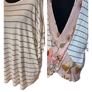 7th Ray Cream and Lavender Striped Floral Accent Open Back Ruffle Sleeve Top SzM